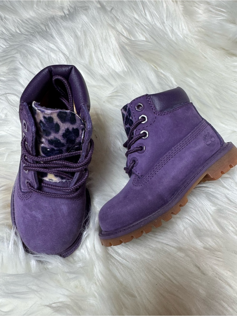 Timberland Kids Purple Boots with Leopard Print Tongue